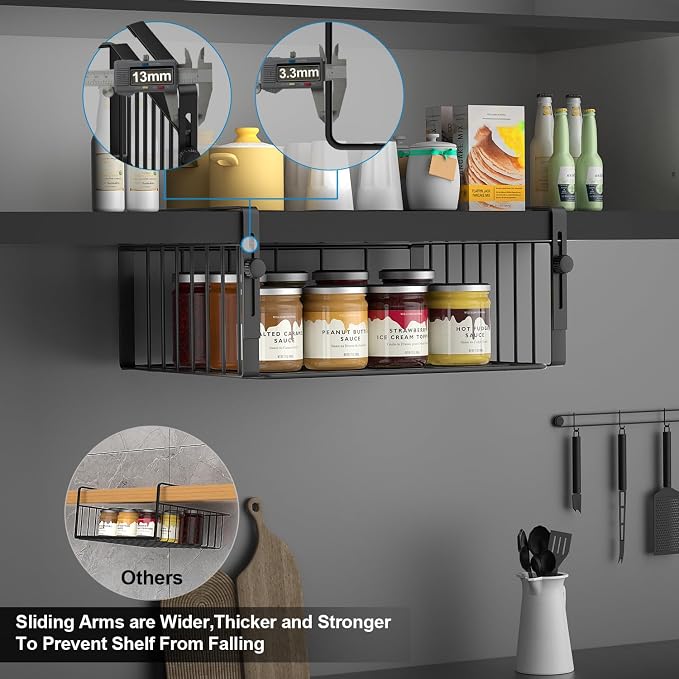 AmonHouseware 2Pack Under Shelf Basket Storage,Adjustable Hanging,Black | Under Cabinet Shelf Add-on, Slide-in Baskets,Organizer for Laundry Room Kitchen Pantry Desk Bookshelf Counter Cupboard - Image 4