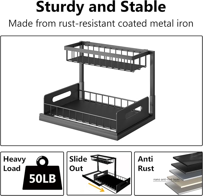 Ceetug Slide Out Under Sink Organizers and Storage, Black, 1 Pack | 2 Tier, Sturdy Metal, Cabinet Organizer, for Kitchen Bathroom - Image 6