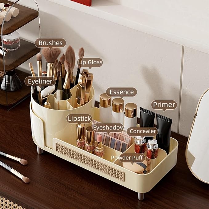 Booklov Rotating Makeup Organizer for Vanity Countertop, Cream | Plastic Cosmetic Display Case, Large Beauty Brush Holder for Bathroom Counter, Skin Care Perfumes Storage - Image 5