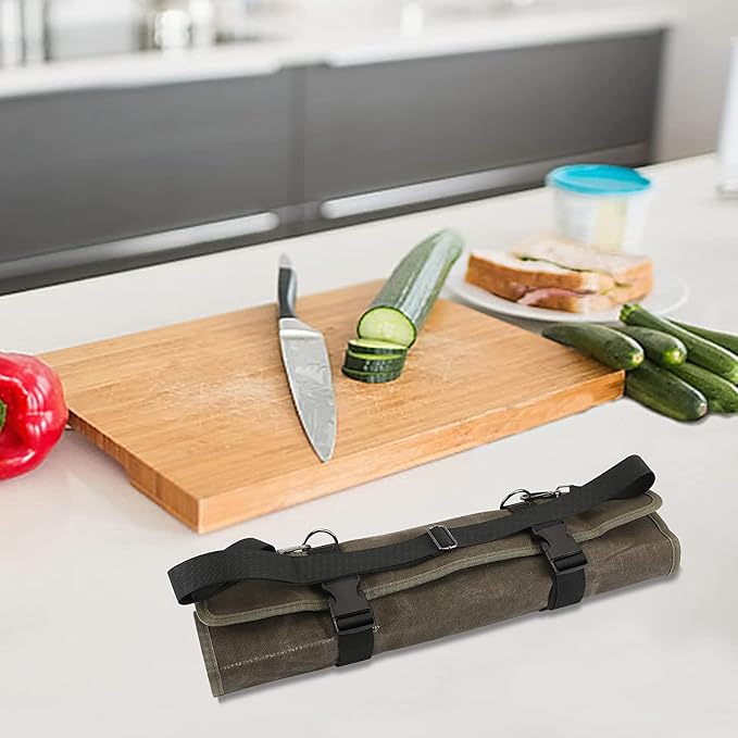 Chef’s Knife Roll Bag,Waxed Canvas Knife Cultery Carrier, Portable Chef Knife Cases,Knife Pouch Holders With 10 Slots Plus 1 Zipper Pockets Can Hold Home Kitchen Knife Tools Up To 18.8” - Image 6