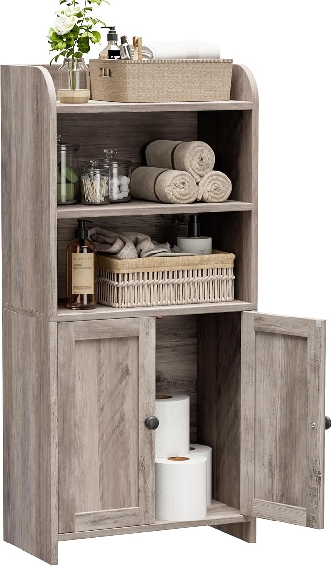 Homhedy Small Bathroom Storage Cabinet, Toilet Paper Storage Cabinet | Bathroom Floor Cabinet with Doors and Shelves, Bathroom Organizers for Small Spaces, 7.9" D x 14.6" W x 31" H, Greige - Image 3