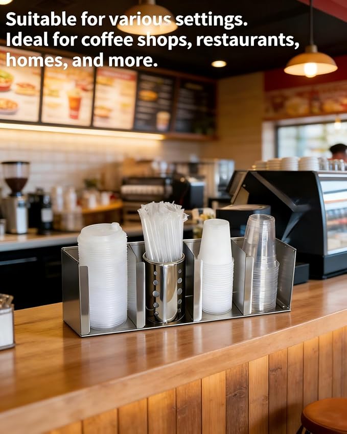 Stainless Steel Cup Dispenser,4 Compartments Cup Holder and Lid Holder with Adjustable Dividers,Cup Organizer for Kitchen Cabinets Cafe Shop Restaurant,Includes Straw Holder - Image 6