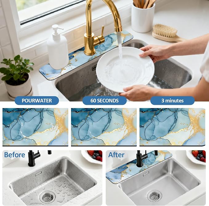2 Pcs Marble Texture Kitchen Sink Splash Guard Faucet Mat | Marble Texture Faucet Mat for Sinks Absorbing Drying Mat for Kitchen Bathroom, 23.6x5.5inch - Image 5