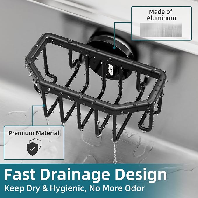 TAILI Sink Caddy with Strong Suction Cup, Sponge Holder for Sink-Black | for Kitchen Sink Organizer, Removable Sponge Caddy Inside Sink, Rustproof Aluminum Holder for Sponges, Brushes, Scrubber - Image 4