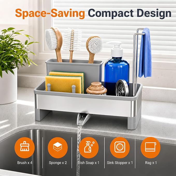 Laveshop Sponge Holder for Kitchen Sink, Rustproof Stainless Steel Sink Caddy with Auto-Drain, Removable Brush Holders, Soap and Dishcloth Organizer, Gray - Image 2