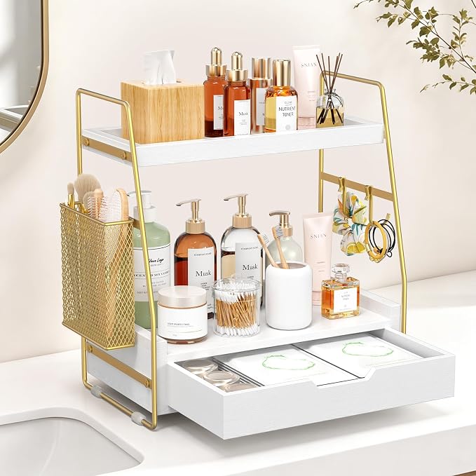 2-Tier Bathroom Counter Organizer with Drawer, Wood Counter Storage Shelf | Bathroom Vanity Organizer Countertop for Makeup, Skincare, Perfume, with Removable Basket, 13.4" x 7.9" x 14.5", White Gold by Unknown
