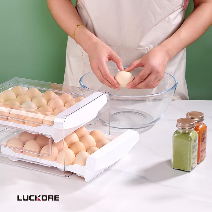 Luckore 2 Tier Egg Holder for Fridge Container for 40 Eggs with Drawer | Clear Stackable Egg Organizer Holder Tray for Fridge, Storage Container with Handles for Refrigerator, Countertop - Image 6
