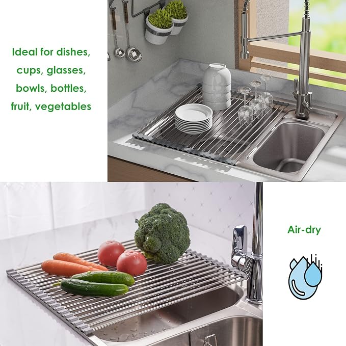 Tomorotec Roll Up Dish Drying Rack Over Sink, SUS304 Steel, 17.7x11.5,Gray | Heat Resistant to 550°F With Non-Slip Silicone Grips, Multipurpose Trivet for Hot Pots, Dishwasher Safe - Image 3