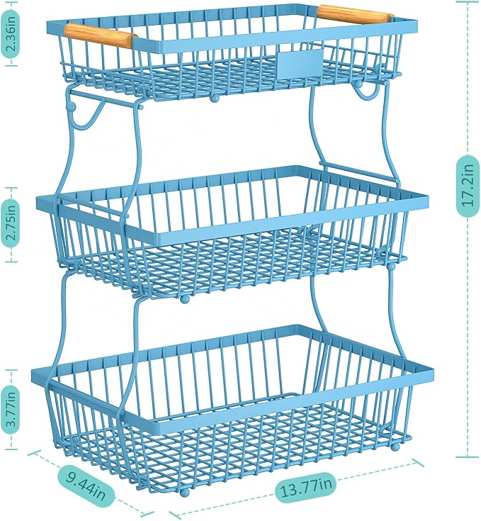 3 Tier Fruit Basket for Kitchen Counter with 2 Banana Hangers, Countertop Metal Fruit Bowl with Wooden Handle, Large Storage Stand for Vegetables, Snacks, Breads, Produce Storage – Blue - Image 4