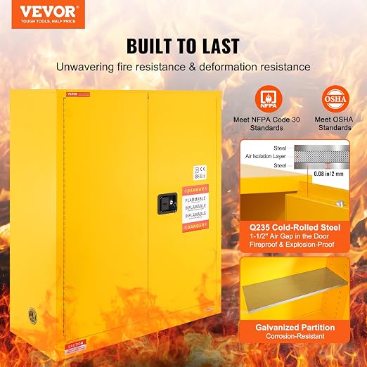 VEVOR Flammable Cabinet 18" x 43" x 50", Cold-Rolled Steel Flammable Liquid Storage Cabinet 34 Gal with 2 Adjustable Shelves/2 Manual Closing Doors for Industrial Use, Yellow | For Industrial Use, Cold-Rolled Steel, 34 Gal, with 2 Adjustable Shelves, 2... - Image 4
