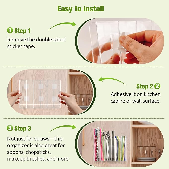 9.6” Large Acrylic Straw Holder for Cabinet Door - 6 compartments, easy to clean, Reusable Tumbler Straw Organizer Storage, Small Kitchen Accessories Container, Ultra Sticky Cupboard Door Mounted - Image 5