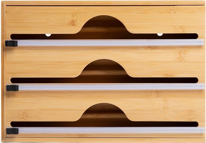 3-in-1 Bamboo Kitchen Wrap Organizer | Wall, Drawer & Counter | Serrated Cutter | Fits Any 12" Roll | Avero Brands by Unknown