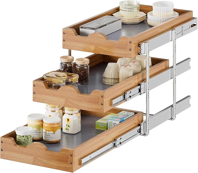 OCG Pull Out Cabinet Drawer 11" W x 21" D, 3 Tier Pull Out Cabinet Organizer, Heavy-Duty Slide Out Drawer for Cabinets, Base Cabinet Organization for Kitchen, Pantry, Bathroom by OCG