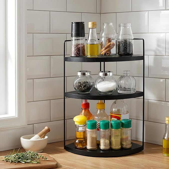 Corner Bathroom Counter Organizer Countertop Black, 2 Pack 3 Tier Corner Shelf Wood Vanity Tray Easy Assembly Space Saving Shelf for Kitchen, Bathroom, Dresser, Makeup, Office - Image 3