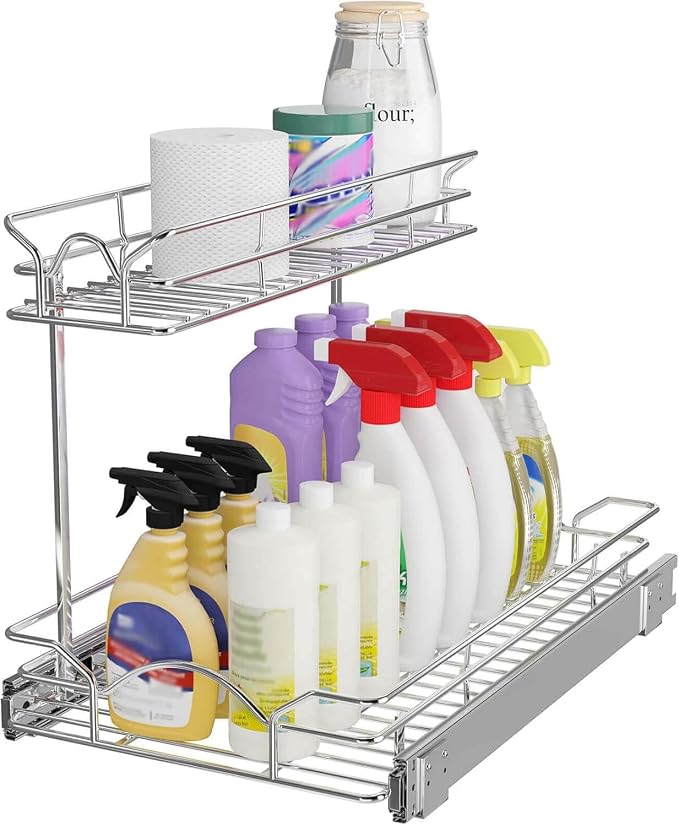 OCG Under Sink Cabinet Organizer Two Tier Pull Out Shelf (14.75W x 21D), Under Sink Sliding Shelf for Kitchen Bathroom Cabinet 2 Tier Chrome by OCG