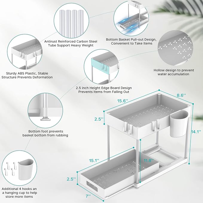 2 Pack Under Sink Organizer with Pull-Out Drawer, White | 2-Tier Cabinet Storage, Kitchen & Bathroom, Tool-Free Assembly, Fits Cleaning Supplies & Toiletries, Space Saving - Image 3