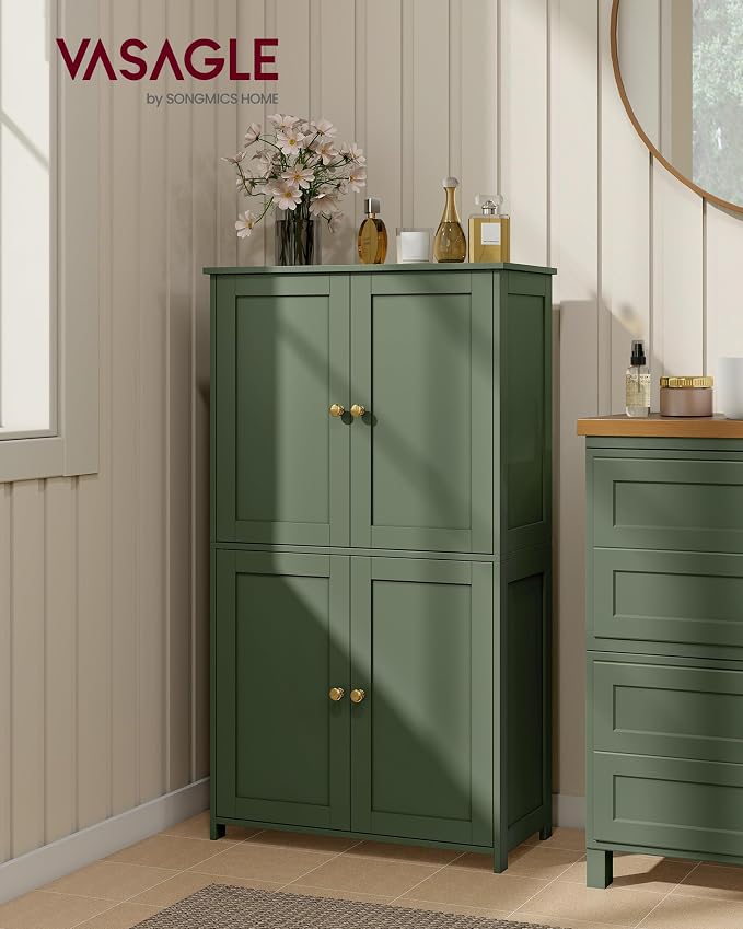 VASAGLE Floor Storage Cabinet, 2 Adjustable Shelves, 4 Doors,42.7" H | Freestanding Organizer Unit, Kitchen, Bathroom, Living Room, Forest Green, SIREN Collection UBBC553CH01 - Image 2