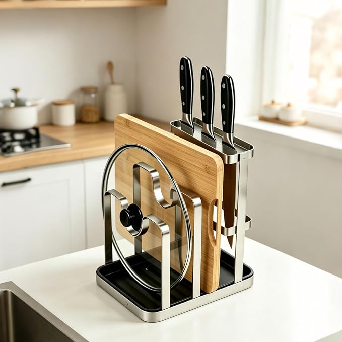 BEEFLYING Pot Lid Cutting Board Holder Organizer for Counterto with Tray | Holds 2 Pot Lids, 7.09*5.5*7.48 In, Stainless Steel, for Holder Spoon Cooking Knives Cutting Board Stove Top Kitchen Counter - Image 3