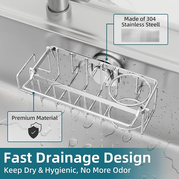 TAILI 4-in-1 Sink Caddy for Kitchen Sink with Strong Suction Cup-Silver | Removable Sponge Holder for Kitchen Sink Organizer, Rustproof 304 Stainless Steel Holder for Sponge, Brush, Scrubber, Scraper - Image 4