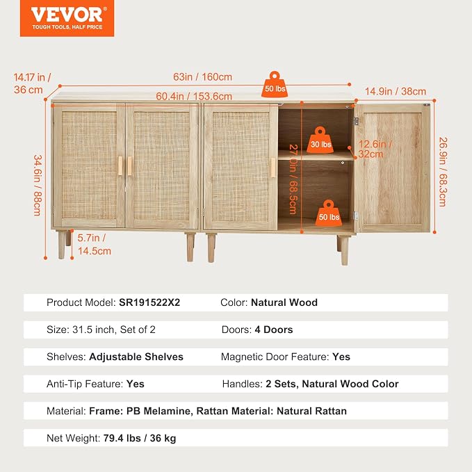 VEVOR Rattan Buffet Cabinet with Storage, 4 Magnetic Doors and Adjustable Shelves, Sideboard for Hallway, Living Room, Kitchen, Natural - Image 3