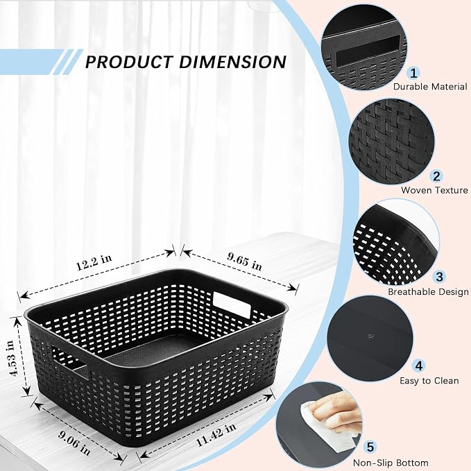 Soddeph Plastic Storage Baskets for Cabinets, Household Pantry Organization with Handle,Organizer Bins for Room,Bathrooms,Under-Sink,Kitchen (Black, M-3PACK) - Image 2