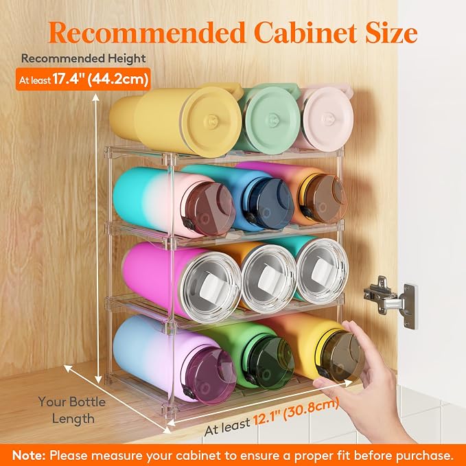 Lifewit Stackable Bottle Storage Organizer, Clear Freestanding Wine Holder for Cabinet, Large Slot Water Bottle Tumbler Cup Organizer for Pantry, Plastic Wine Rack for Fridge Cellar, 4Tier Hold 12 - Image 3