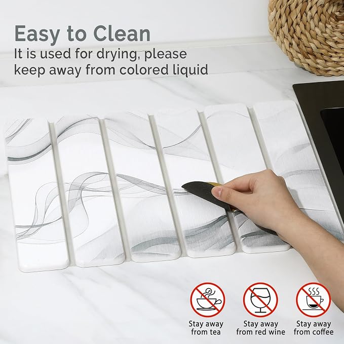 Small Stone Dish Drying Mat for Kitchen Counter, 2 PCS 16"×12" & 8"x4" Quick Dry Stone Mats, Foldable Water Absorbing Diatomaceous Earth Drying Dish Pad for Countertop Bottle Utensil Cup(White Gray) - Image 5