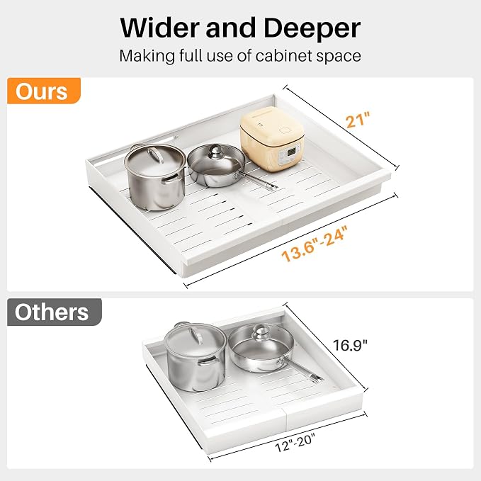 Pull out Cabinet Organizer, 1-Pack Expandable(13.6"-24") Silde out Drawers with Raising Pad for Framed Cabinets, Adjustable Full-Extension Adhesive Roll out Shelves for Kitchen Pantry Home Pot and Pan - Image 2