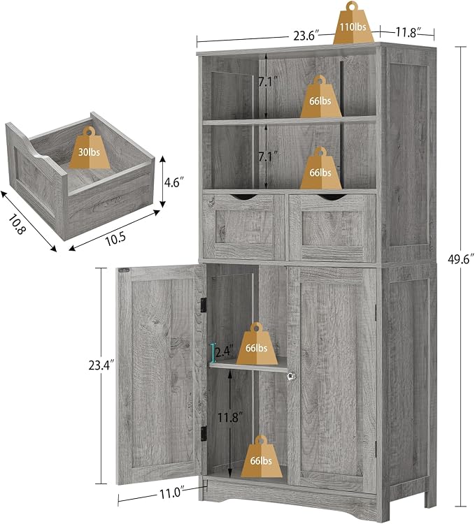 Iwell Storage Cabinet with 2 Drawers & Adjustable Shelf, Tall Bathroom Cabinet with Doors, Cupboard, Kitchen Cabinets for Living Room, Dining Room, Entryway, Grey - Image 3