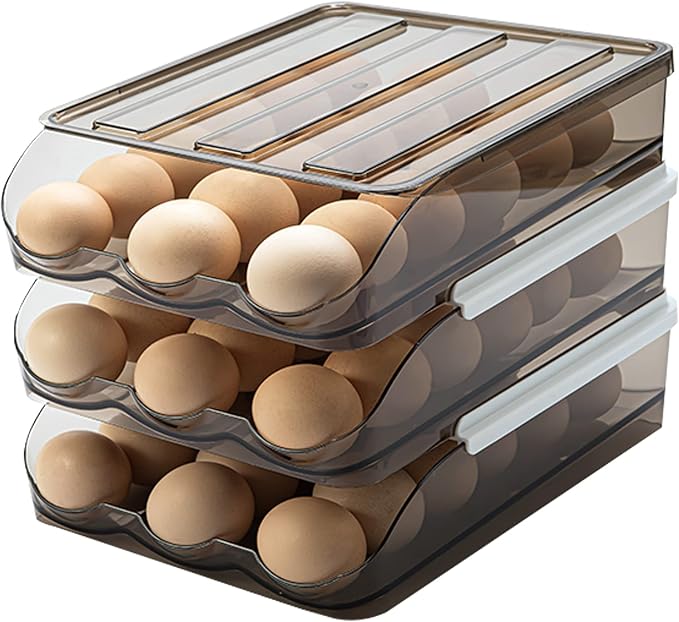 Egg Holder for Refrigerator Auto Scrolling Organizer Plastic Stackable Storage Container Reusable Clear Tray Box Basket Bin Lid Drawer Carrier Keeper(3 Layer) by memeyou