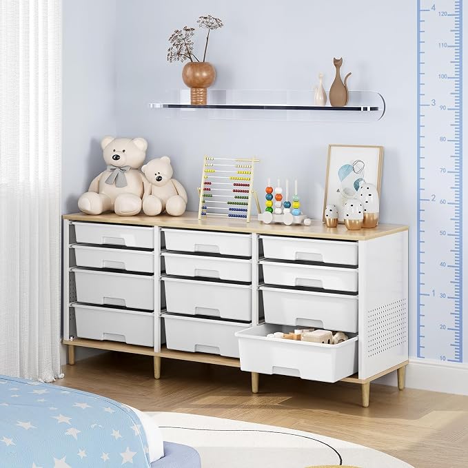 TOOLF 12 Drawers Storage Cabinet with Wooden Top and Plastic Bins, White | Toy Shelf Storage Chest Cubby Organizer, for Home, Office, Playroom, Classroom & Craft Room - Image 7