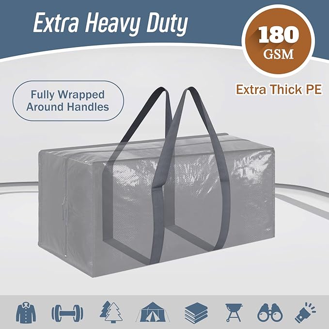 6 Pack Extra Heavy Duty Large Moving Bags with Strong Zipper, Gray | Comfortable Handles, Sturdy & Durable Clothes Storage Bags Totes Bins, Blue Packing Moving Boxes for College Supplies - Image 2