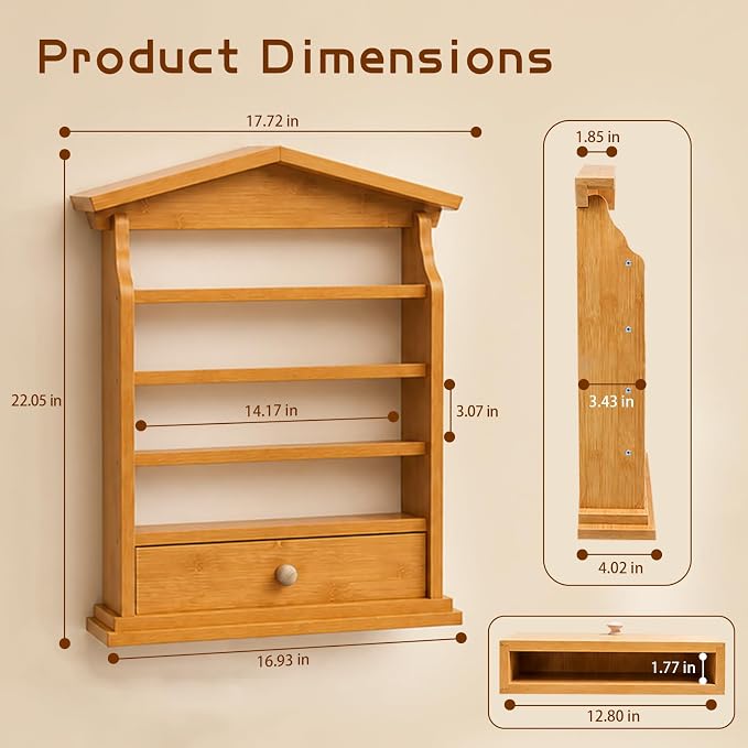 Natural Wood Spice Rack Wall Mount – 4-Tier Wooden Kitchen Organizer with Drawer, Holds 24 Small Spice Jars, Decorative Wall Display Shelf - Image 2