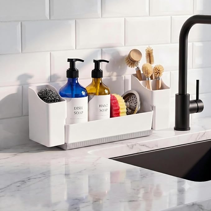 Sponge Holder for Kitchen Sink with Drying Stone, White | Kitchen Caddy Sink Organizer, 2 Removable Cups, Premium ABS, Anti-Slip, 12.7" Sponge and Soap Holder for Kitchen Counter - Image 2