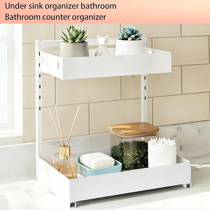Under Sink Organizer, Bathroom Counter Organizer, 2 Pack 2 Tier L-Shape White, Adjustable Height Carbon Steel, Under Cabinet Storage with Pull Out Drawer, Use for Kitchen Bathroom Office Shop Laundry - Image 3