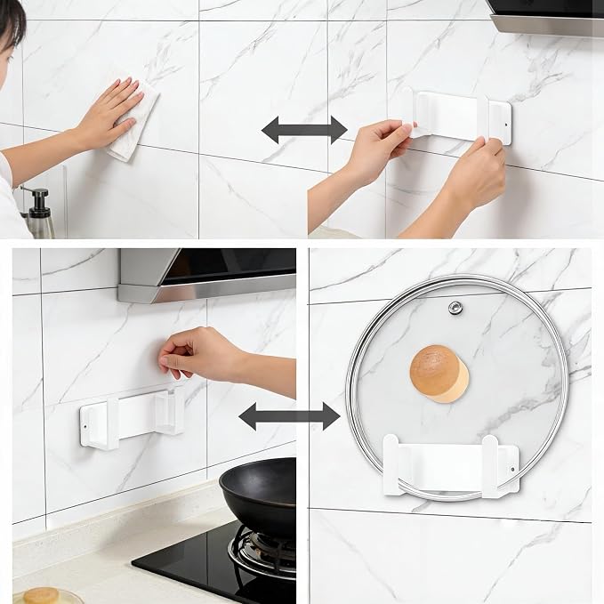 Stainless Steel Wall Mounted Cutting Board Holder Punch-Free Adhesive Multifunctional Kitchen Organizer Pot Lid Storage Rack 7" x 2.3" x 1.8" White - Image 5