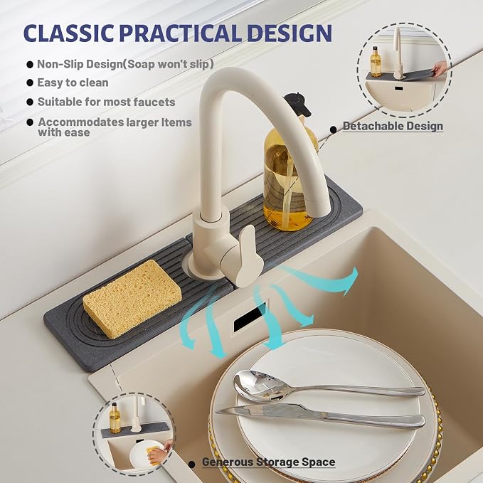 Stone Faucet Mat for Kitchen Sink, Faucet Mat Fast Drying Diatomite | Sink Splash Guard Water Absorbing Stone Tray for Sink, Counter Protector Matt for Kitchen & Bathroom - Image 4