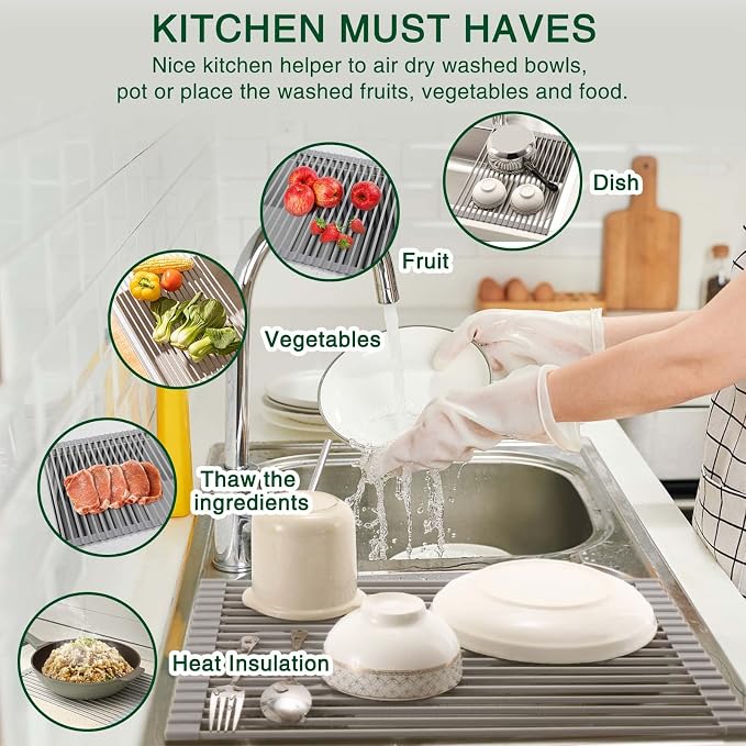 HANZENMA Roll Up Dish Drying Rack Over The Sink Kitchen Roll Up Sink Drying Rack Multipurpose Foldable Sink Drying Mat, Heat-Resistant, Anti-Slip & Anti-Rust Dish Rack for Kitchen, 20.5" x 13", Grey - Image 3