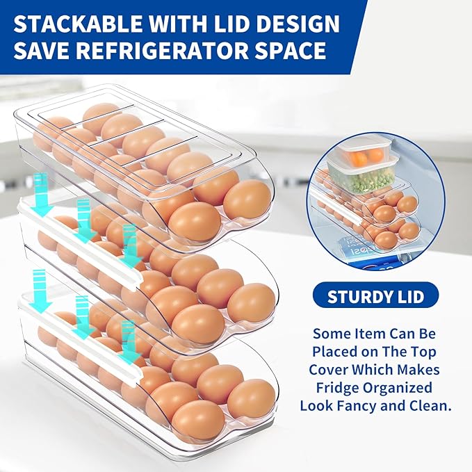 MesRosa Egg Holder for Fridge, Automatic Rolling Egg Organizer -1 Layer | Stackable Clear Egg Container & Tray for Refrigerator, Durable Dispenser and Storage with Sturdy Lid to Saving Space - Image 4