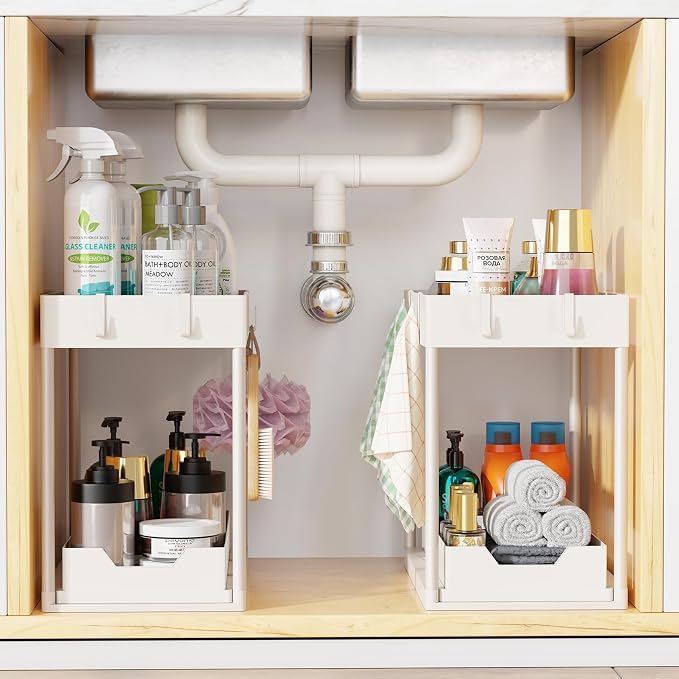 Simple Trending Under Sink Organizer 2 Pack, with Sliding Drawer, White | 2-Tier Multi-Use Under Shelf Organizer with Hooks, Sink Pull-Out Sliding Storage Cabinet for Kitchen Bathroom, Easy Assembly - Image 7