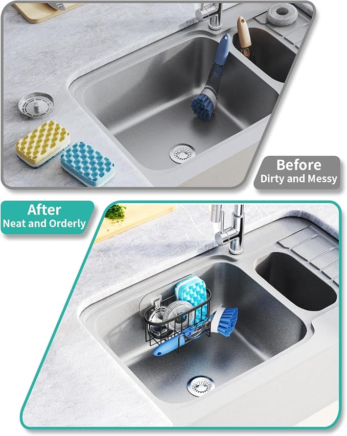 HapiRm Multifunctional Sponge Holder with Unique M-shaped, Two Installation Methods Kitchen Sink Organizer, Rustproof Stainless Steel Sink Caddy -Black（2-pack） - Image 5