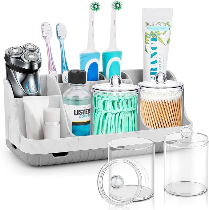 GFWARE Marble Bathroom Toothbrush Holder Set with 2 Qtip Holder Dispenser | Detachable 7 Slots Bathroom Accessory Set, Kids Bathroom Sink Counter Set, Bathroom Essentials Decor, Anti-Slip, Marble-Look by GFWARE