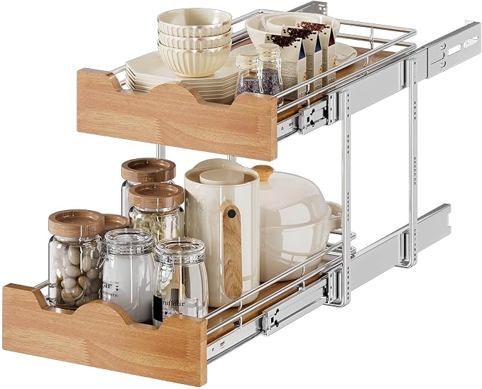 OCG Pull Out Cabinet Organizer 14" W x 21" D, 2 Tier Slide Out Shelf, Heavy-Duty Pull Out Drawer for Cabinets, Base Cabinet Organization for Kitchen, Pantry, Bathroom by OCG