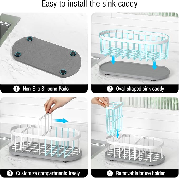 Sink Caddy Kitchen Sink Organizer, Sponge & Brush Holder, Stone Drying Mat | Space-Saving Sink Sponge Holder with Full-Size Tool Storage, Fits Most Sinks, Kitchen Sink Accessory and Countertop Organizer - Image 5