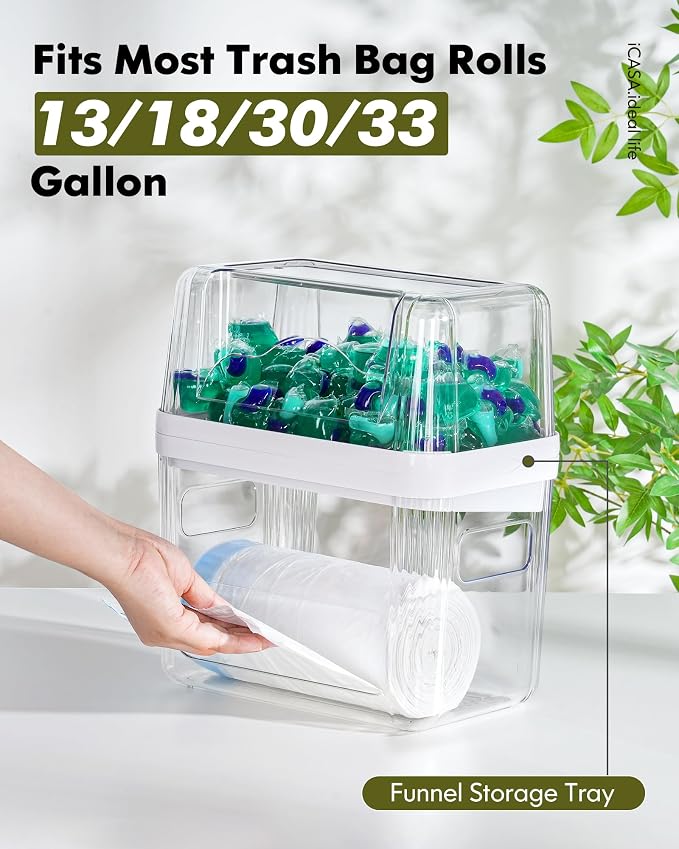 iCASA Trash Bag Dispenser Dishwasher Pods Container Under Sink Organizer | 3 in 1 Stackable Trash Bag Holder Garbage Bag Dispenser for 13/30/33 Gallon Bags, Clear Storage Bins Laundry Pods Container - Image 4
