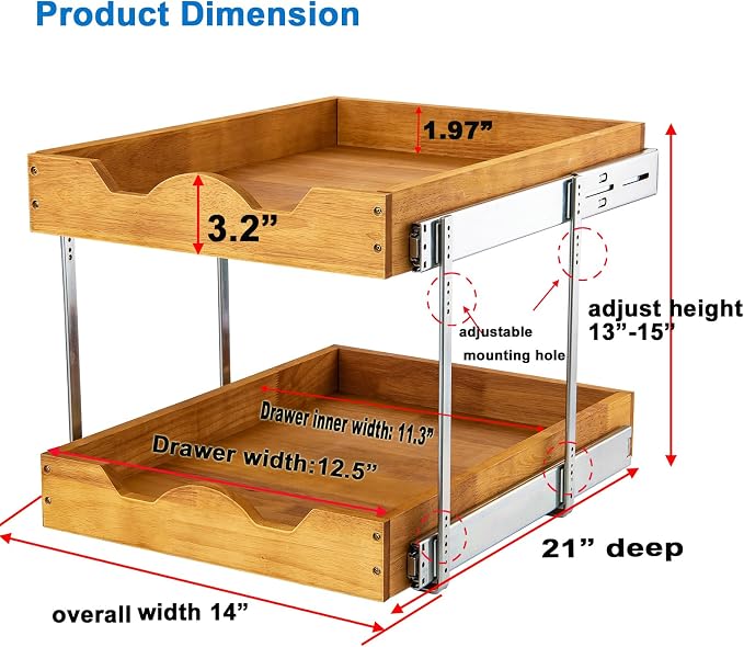 DINDON 2 Tier Pull Out Cabinet Organizer (14" W x 21" D) Double Tier Slide Out Wood Drawer Under Cabinet Storage And Organization - Image 2