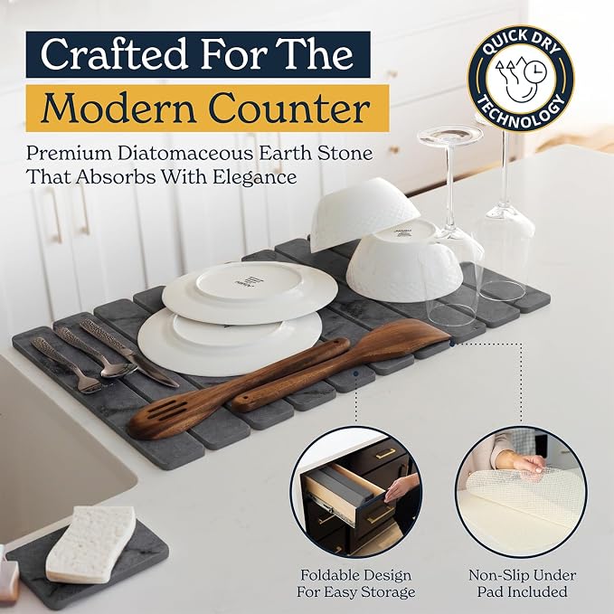 Oleex 3-Pack Stone Dish Drying Mat Set Includes 1 Large 24”x16” & 2 Small 4”x9” for Kitchen Counter-Collapsible Diatomaceous Earth Pad Absorbs Water & Dries Dishes Fast, Non-slip, Odor-Resistant Mats - Image 4