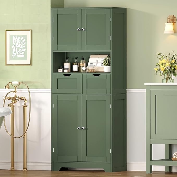 Iwell 58" H Tall Bathroom Storage Cabinet with 2 Drawers & 2 Adjustable Shelves, Bathroom Cabinet with 4 Doors, Tall Cabinet for Living Room, Dining Room, Entryway, Forest Green - Image 2