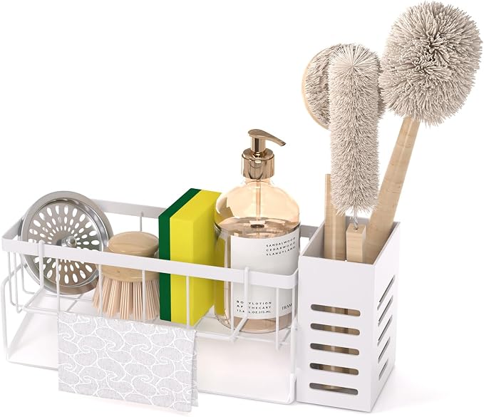 304 Stainless Steel Over Sink Caddy Sponge Soap Organizer White | Auto sloped drainage with removable tray, 3 divided spaces for sponge & soap, rustproof steel, no installation needed - Image 7