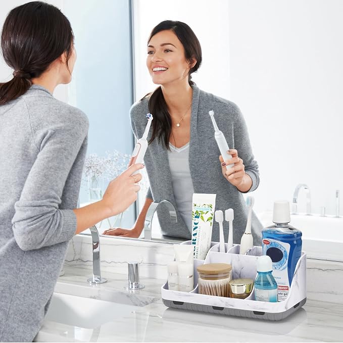GFWARE Marble Bathroom Countertop Organizer - Detachable 7 Slots Kids Electric Toothbrush and Toothpaste Holde Drainage for Bathroom Accessories Organization Counter Vanity Storage, Grey | Detachable 7 Slots Kid Electric Toothbrush and Toothpaste Holde... - Image 2